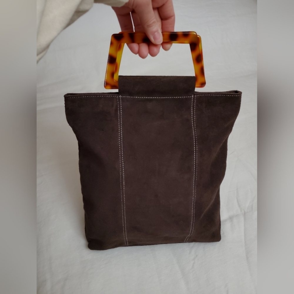 Vintage Y2K Old Navy 100% Leather Tote Handbag Tortoise Print Handles Boho Chic